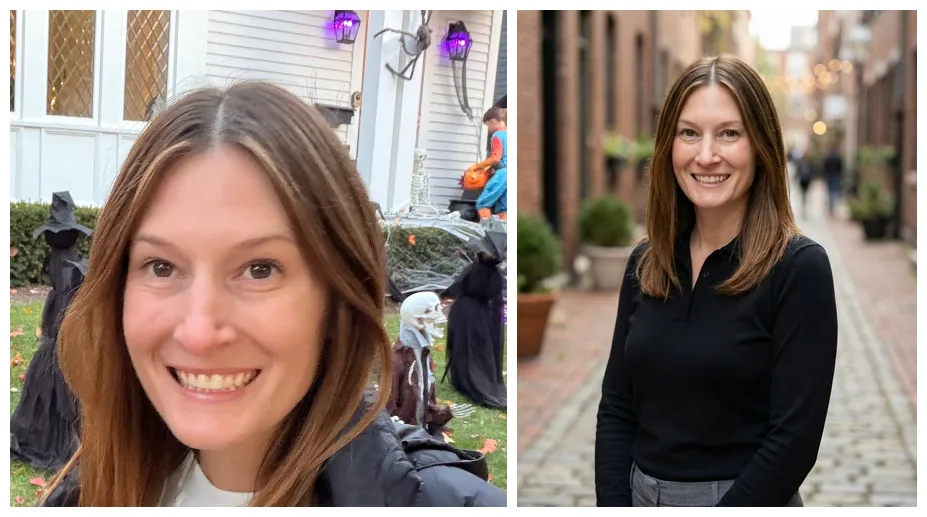 AI headshot generator example showing a selfie transformed into a professional business headshot