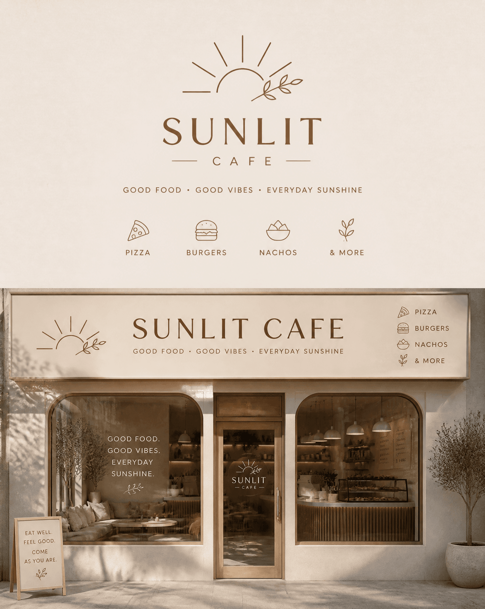 Create a logo and front hoarding design for our cafe. The...