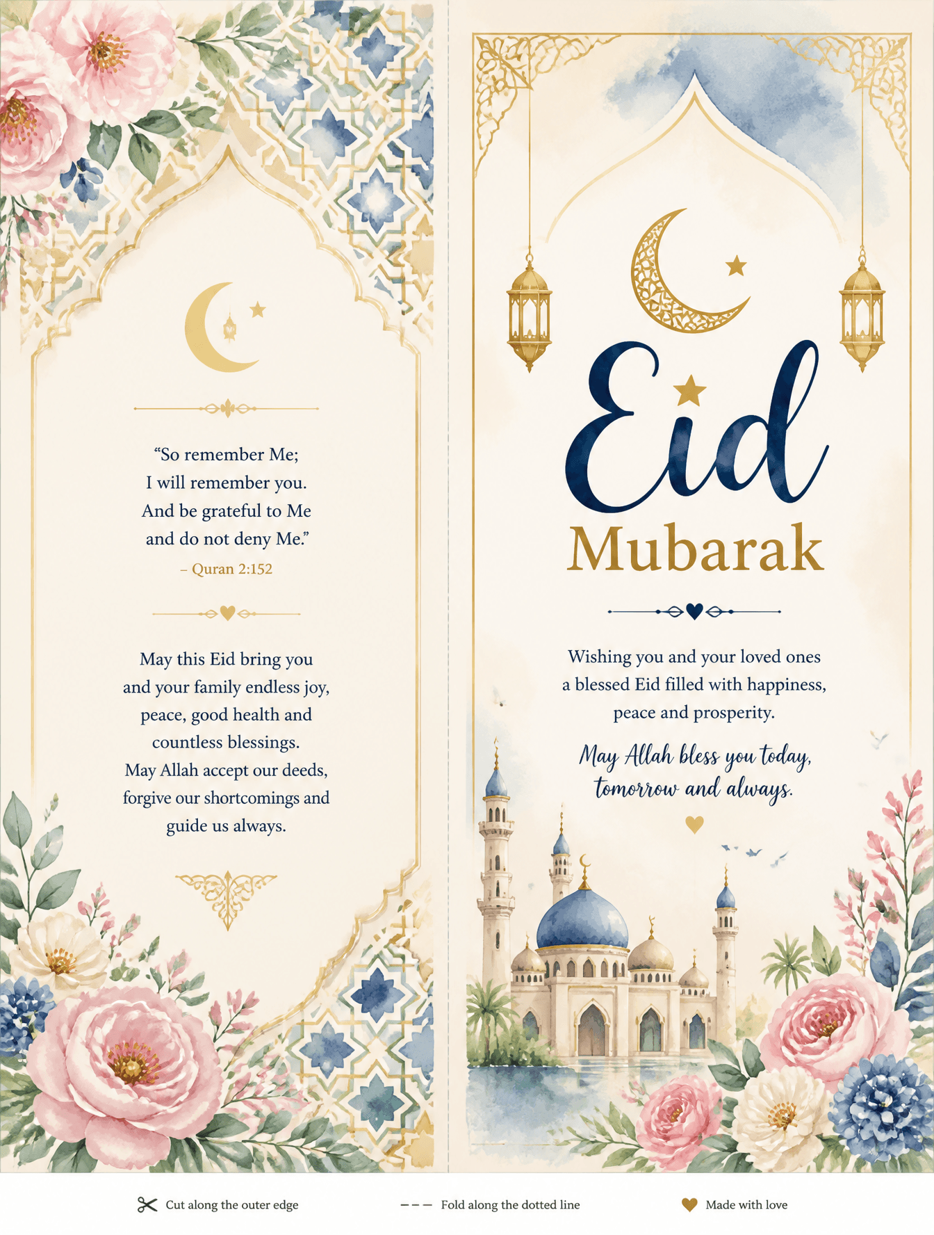 Generate a printable Eid greeting card template with wate...