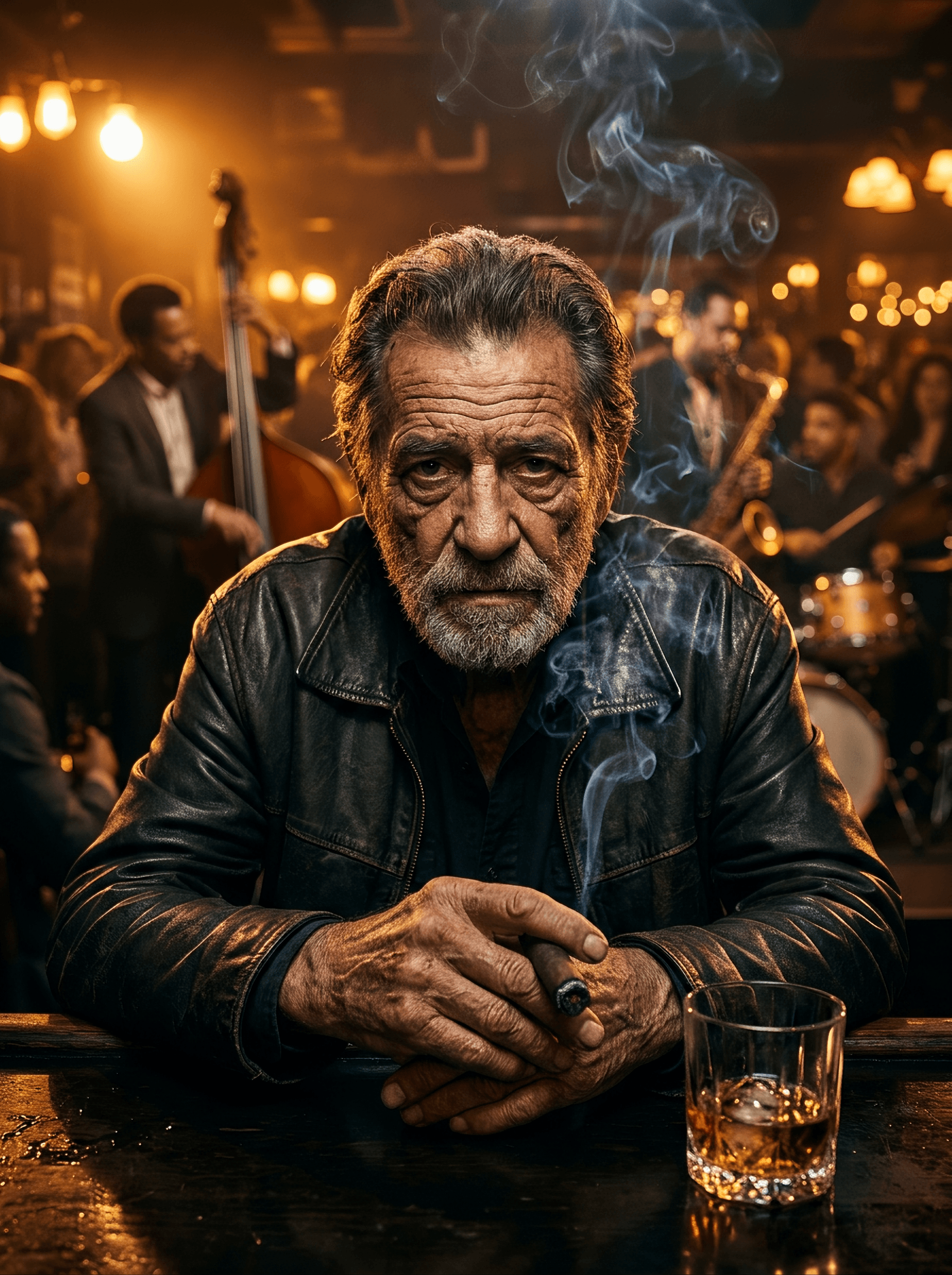 An elderly, weathered musician sits at a dark bar, leanin...