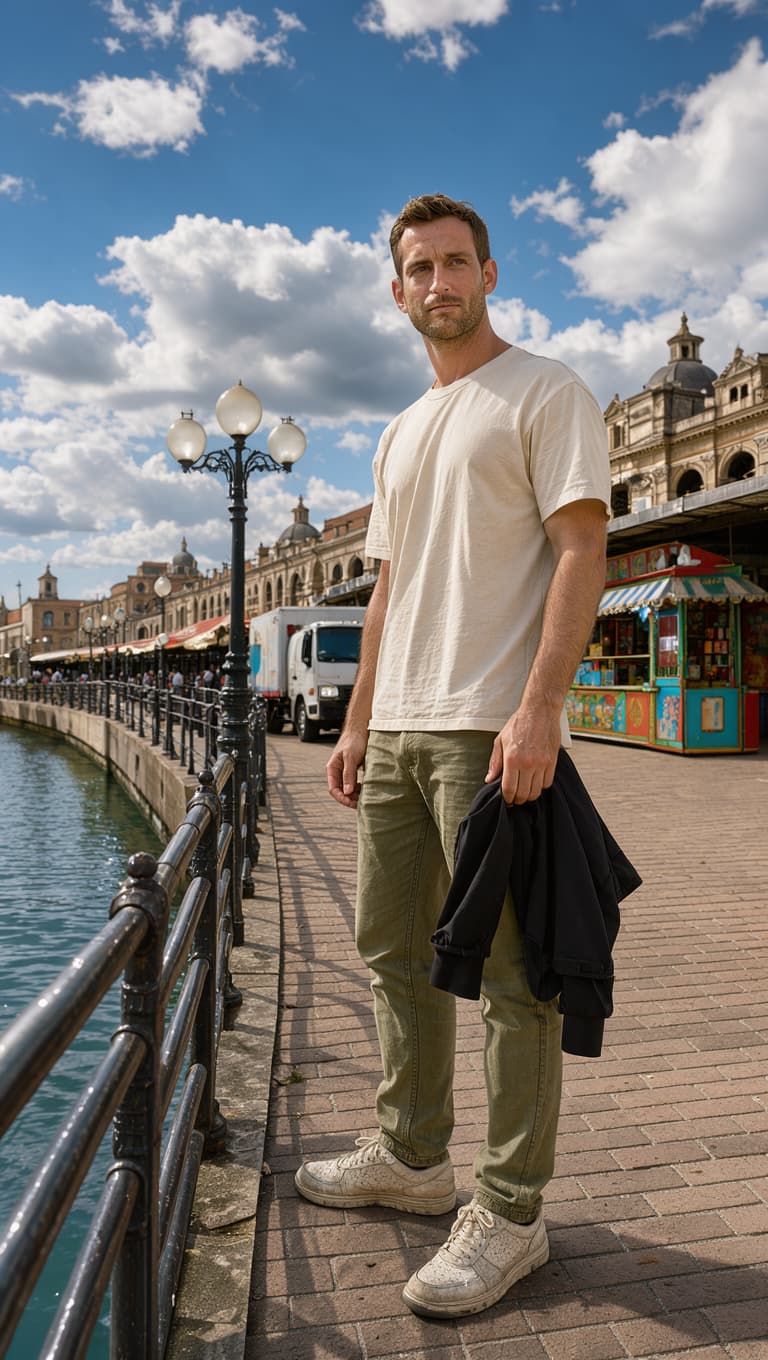 A casually dressed man stands on a sunlit waterfront prom...