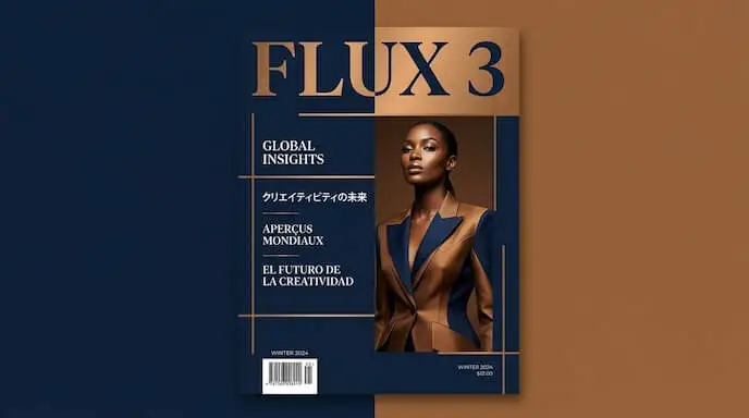 FLUX 3 KI Bildgenerierung – Beispiel einer Magazin-Cover-Komposition mit fetter Typografie und dramatischer Beleuchtung