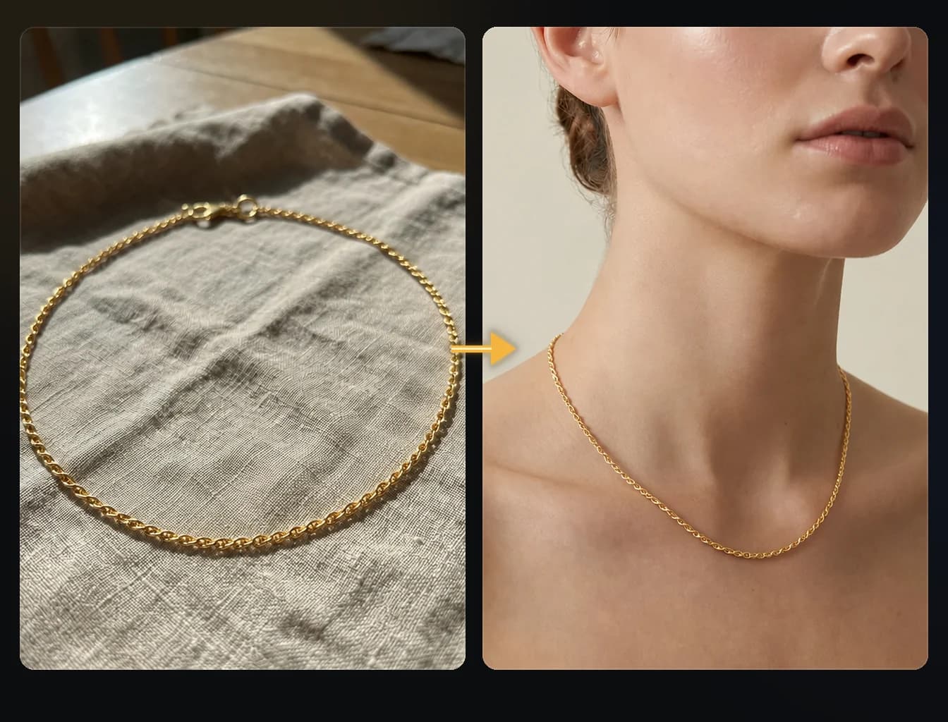 Nano Banana 2 jewelry try-on comparison from product photo to professional model studio photo